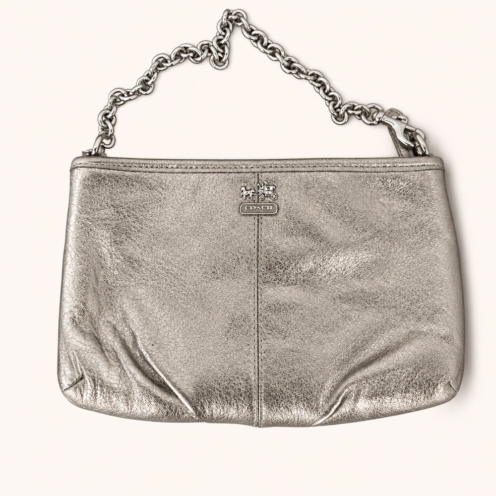Coach Women Small Clutch Wristlet Gold Silver Metallic Leather Chain Strap Chic